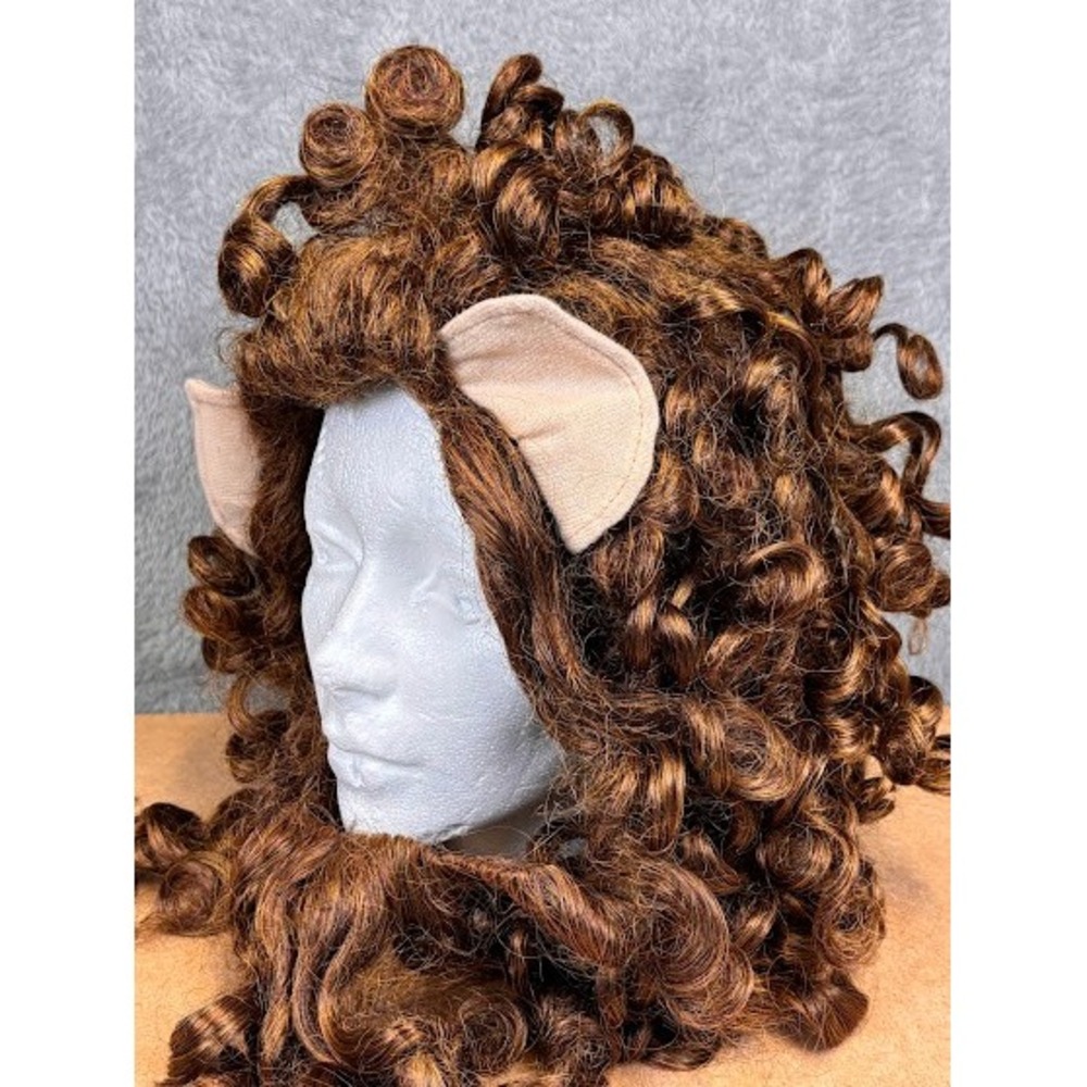 Brown Curly Lion Costume Wig with Ears‎ and Beard Synthetic Fiber Adjustable Cap